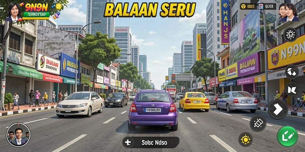 Gameplay seru di 9N9N dengan balapan di jalanan perkotaan.