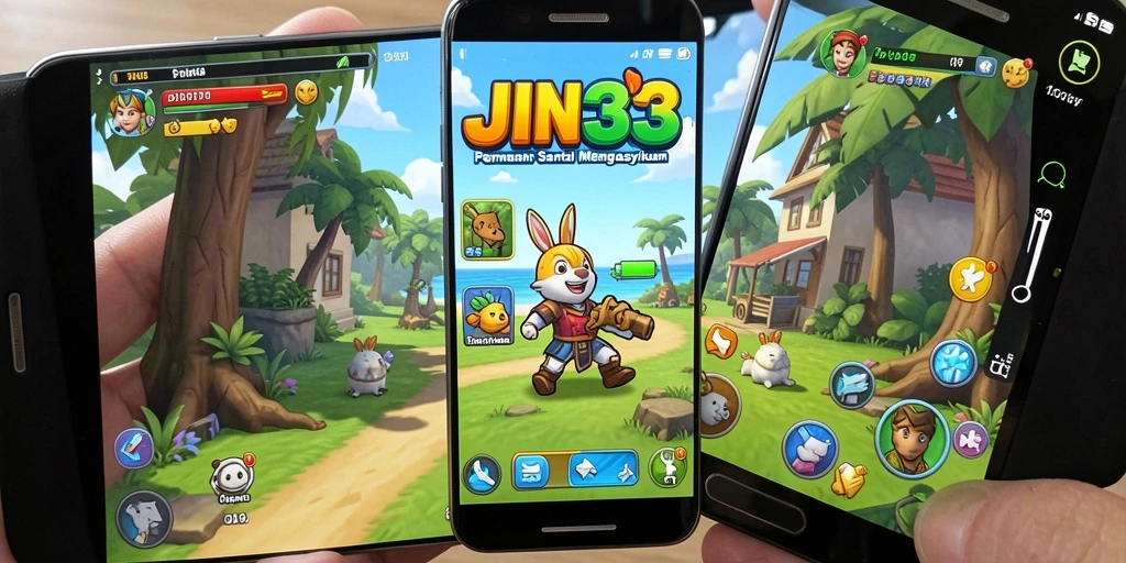Screenshot utama menunjukkan gameplay mengasyikkan JIN33 dengan grafik cerah.