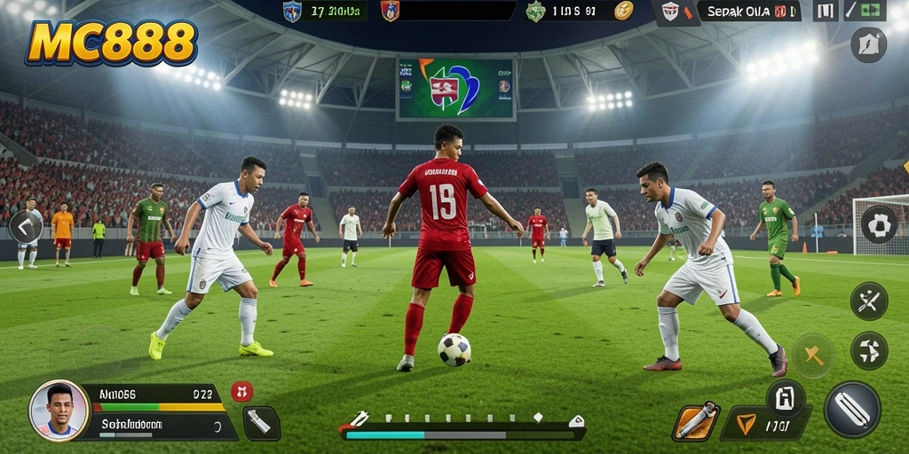 Screenshot dari gameplay <strong>MC888</strong> menampilkan aksi sepak bola yang mendebarkan.