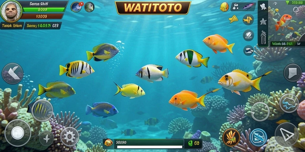Gameplay seru WATITOTO dengan berbagai jenis ikan untuk ditembak.