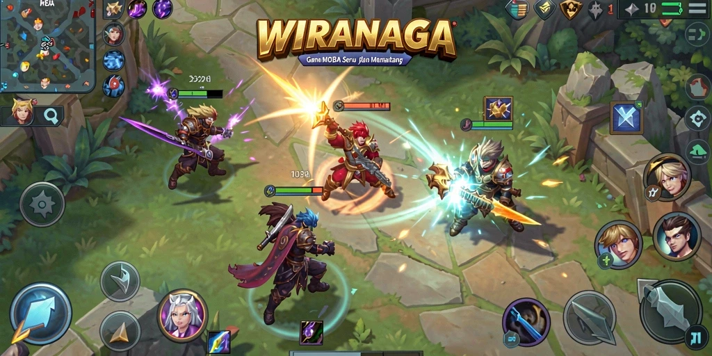 Tampilan aksi seru dalam gameplay MOBA WIRANAGA.