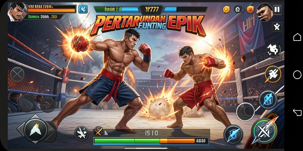 Tangkapan layar utama YN777 menunjukkan karakter beraksi dalam pertarungan Fighting.