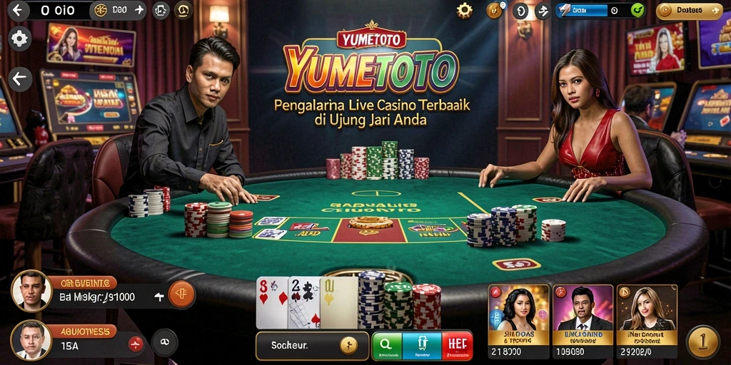 Screenshot gameplay Live Casino YUMETOTO menampilkan dealer profesional dan suasana kasino yang hidup.