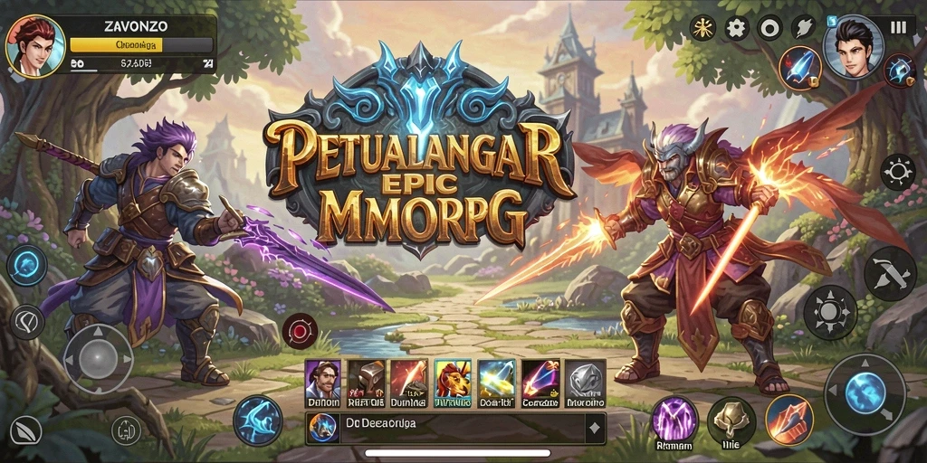 Screenshot utama ZAVONZO menampilkan gameplay menakjubkan dunia MMORPG.